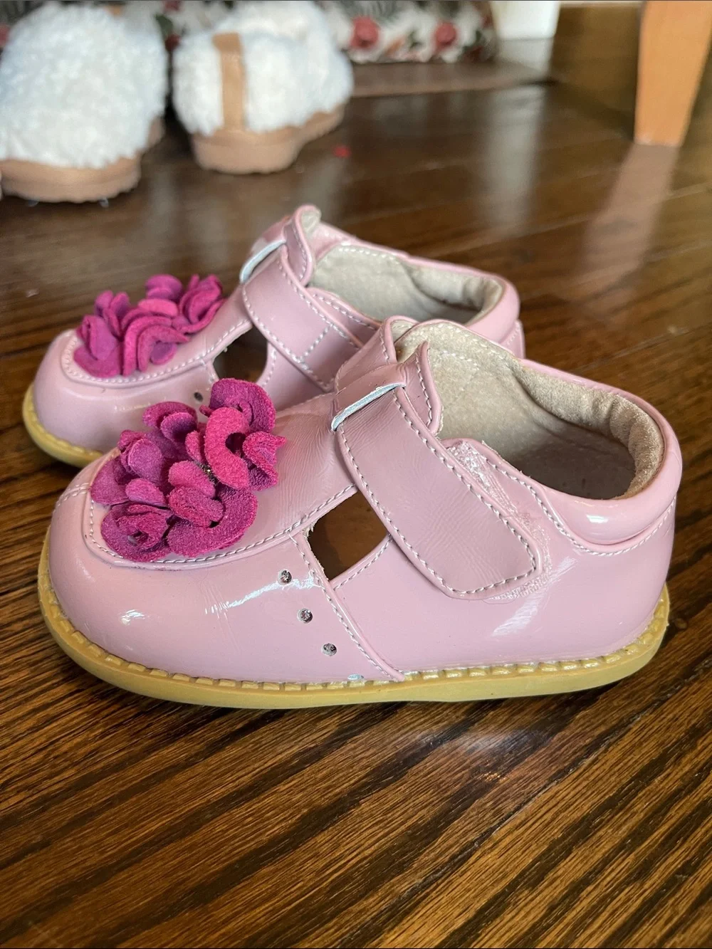 Livie & Luca Pink Patent Mary Janes with Magenta Felt Flowers